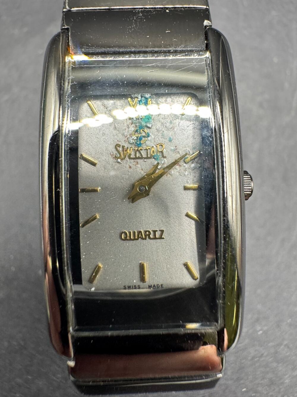 Vtg Swistar Swiss Men's Quartz Silver Dial Gunmetal Watch 3332-12L 20mm